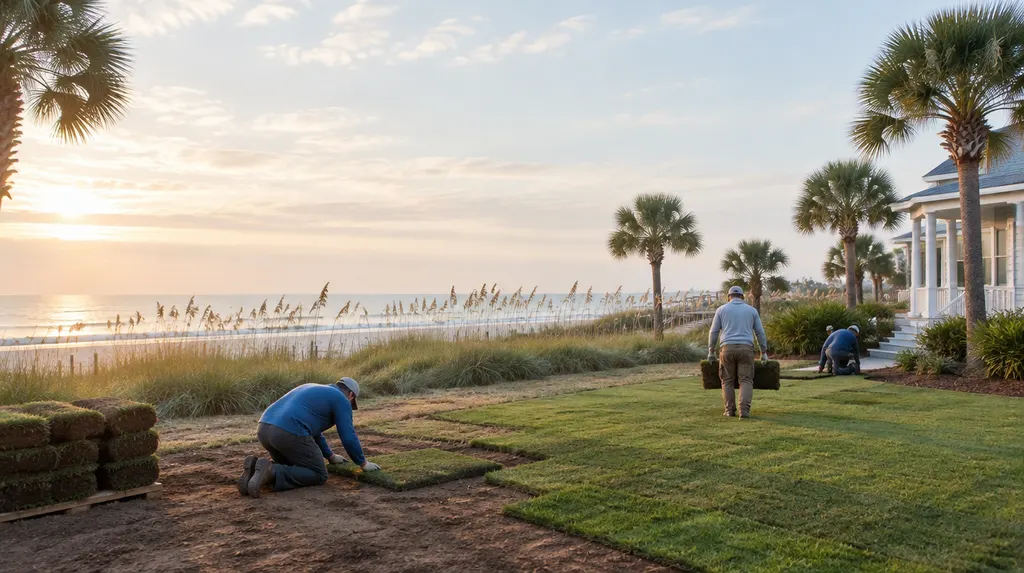 A crew laying fresh sod in a front yard in Carolina Forest, SC