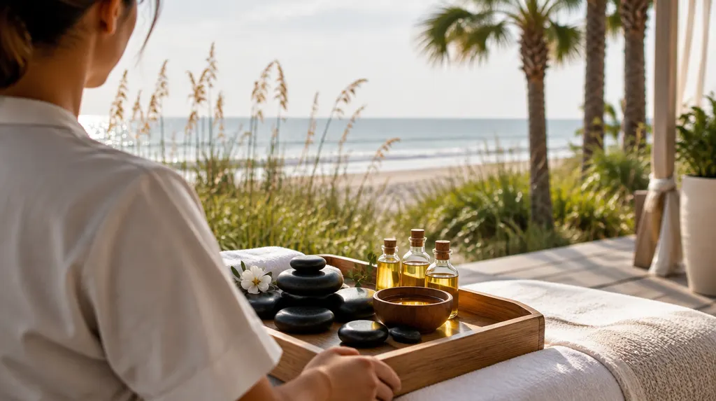 Warm stones and oils on a wooden tray in a spa in Carolina Forest, SC