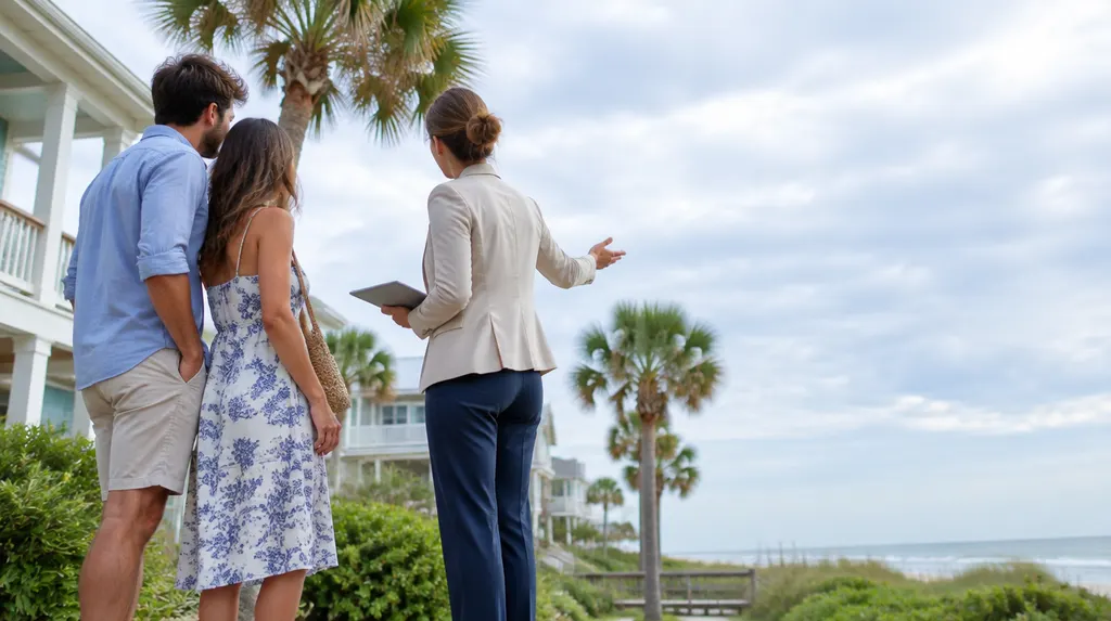 A mortgage broker explaining loan options to a young couple in Carolina Forest, SC