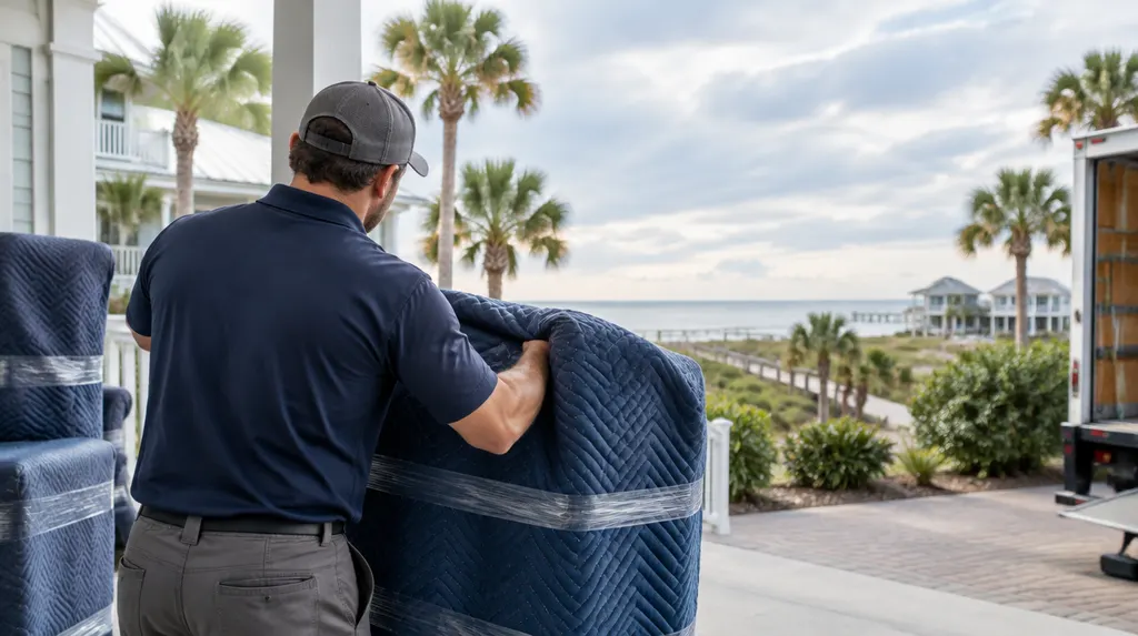A mover wrapping furniture in moving blankets in Carolina Forest, SC