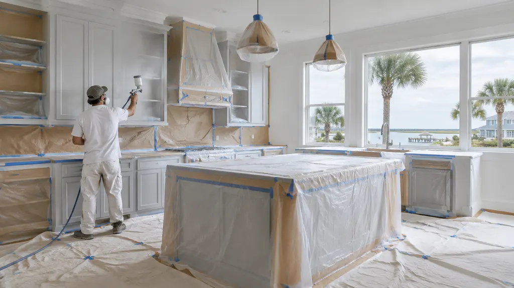 A painter spraying kitchen cabinets in a prepped room in Carolina Forest, SC