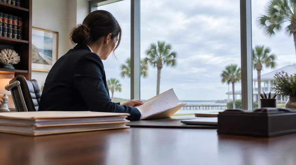 A lawyer reviewing a case file in a law office in Carolina Forest, SC