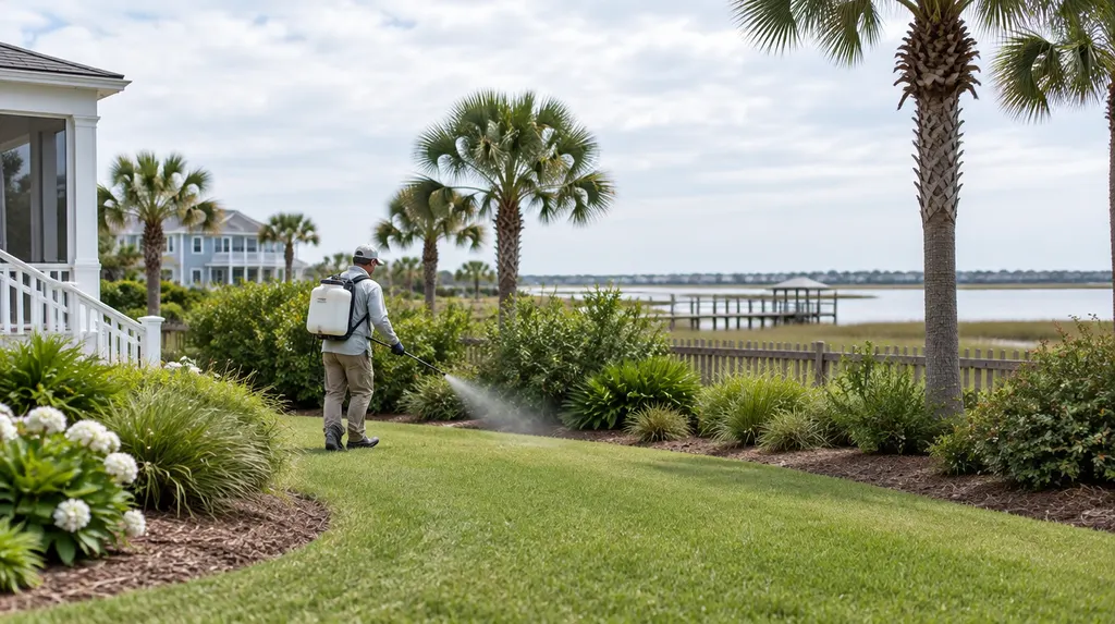 A technician treating a backyard for mosquitoes in Carolina Forest, SC