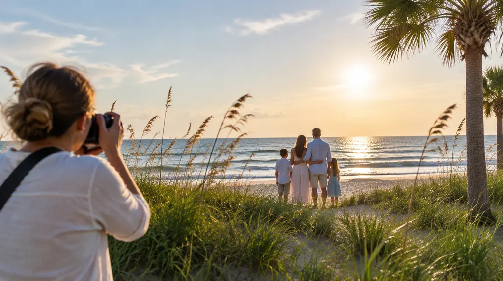 A photographer shooting a family on a beach at sunset in Carolina Forest, SC