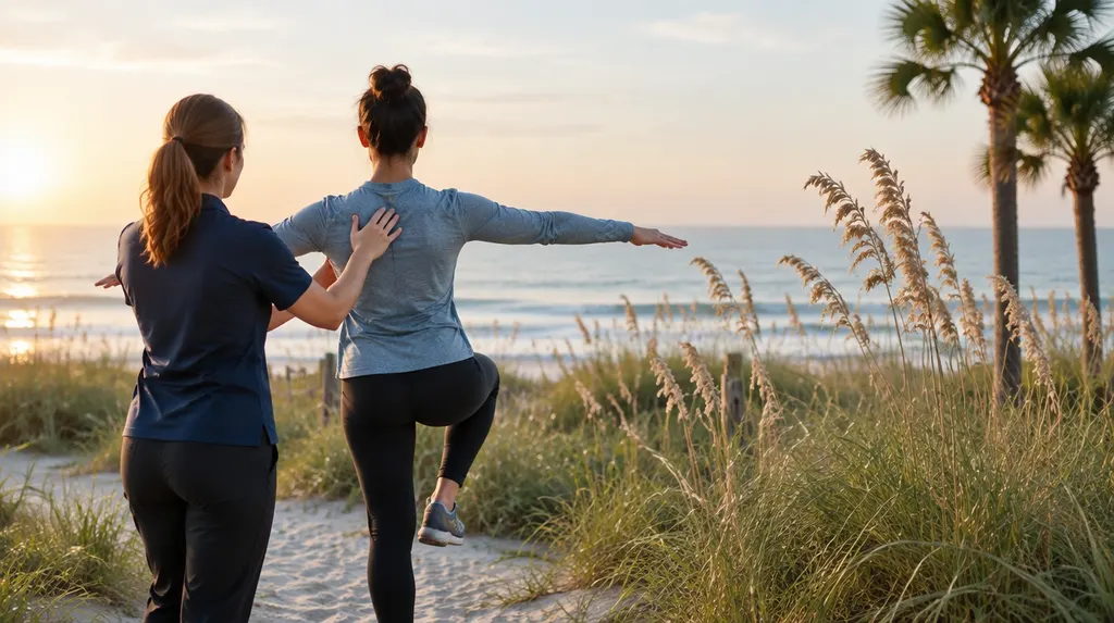 A therapist guiding a patient on a balance exercise in Carolina Forest, SC