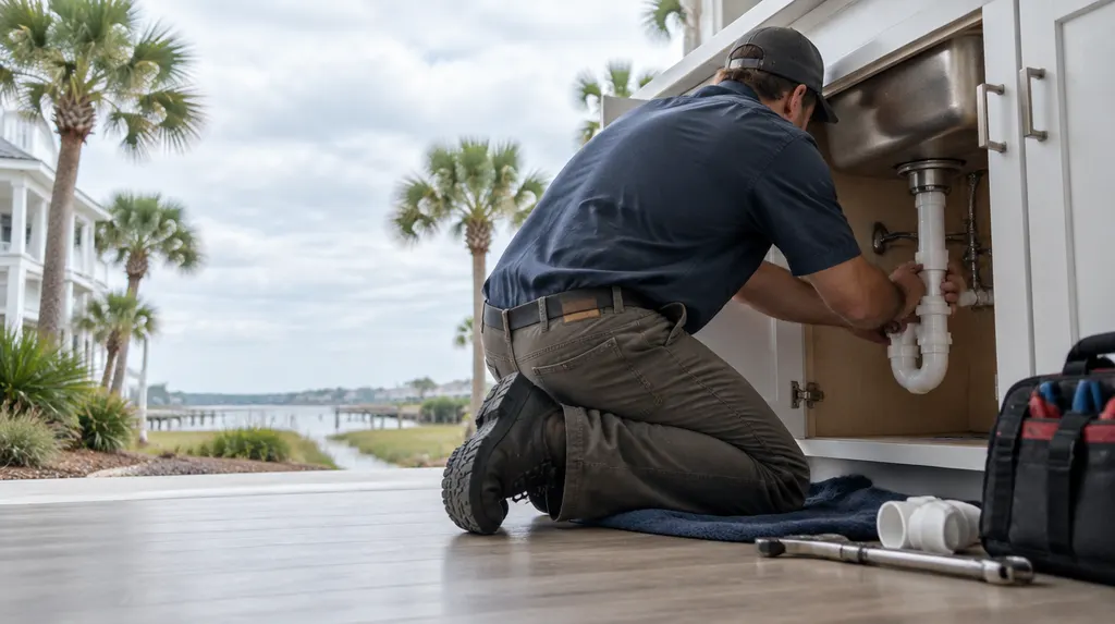 A plumber kneeling under a kitchen sink fitting a new pipe in Carolina Forest, SC
