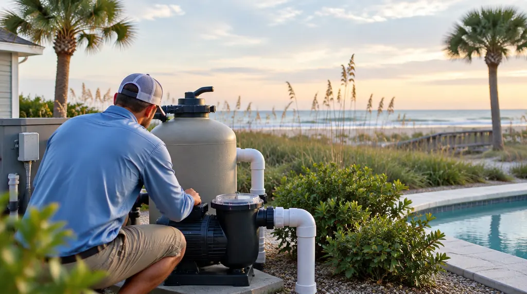 A technician checking pool equipment and a pump in Carolina Forest, SC