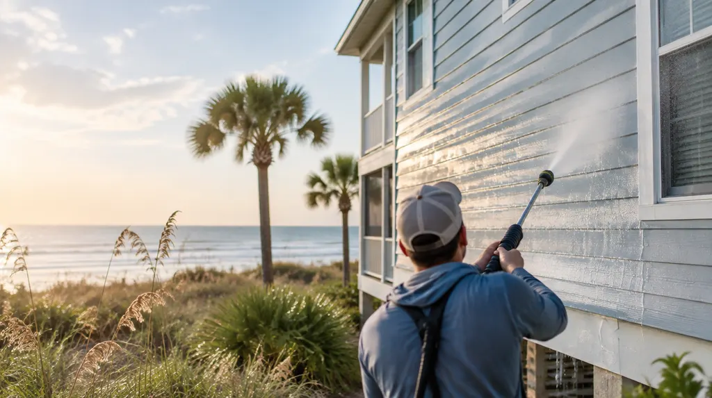 Soft washing the vinyl siding of a two-story house in Carolina Forest, SC