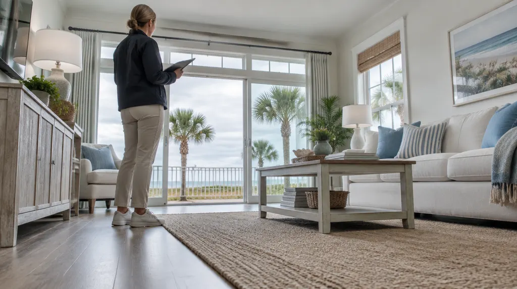 A property manager inspecting a rental living room in Carolina Forest, SC