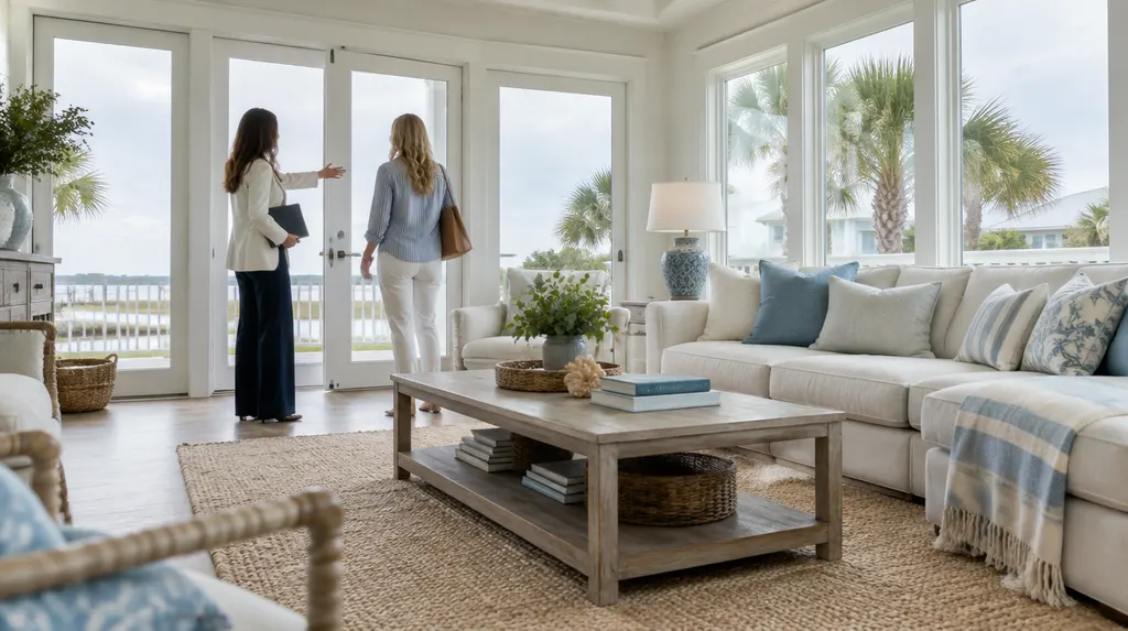 A real estate agent showing a bright living room in Carolina Forest, SC