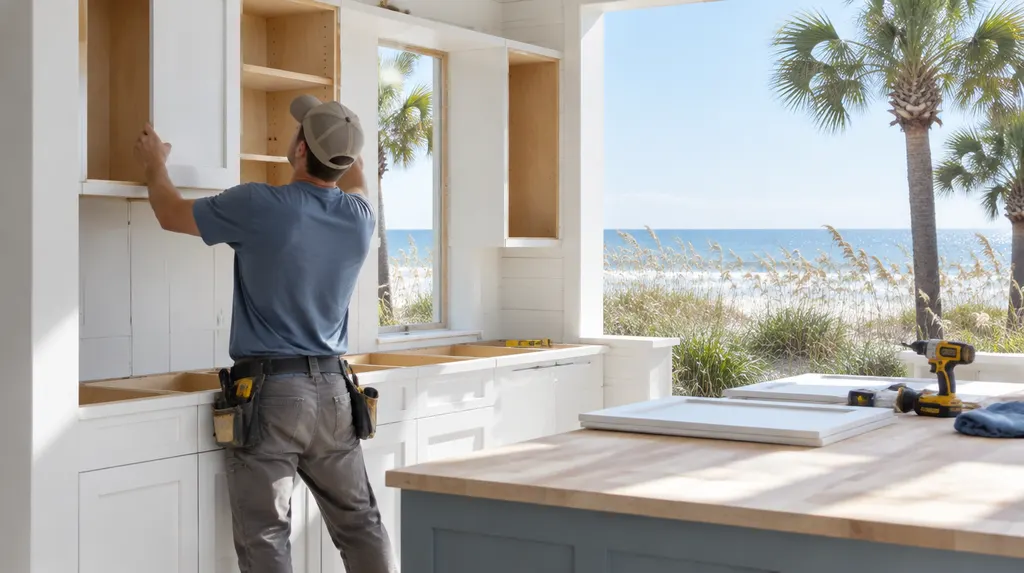 A remodeler installing new kitchen cabinets in Carolina Forest, SC