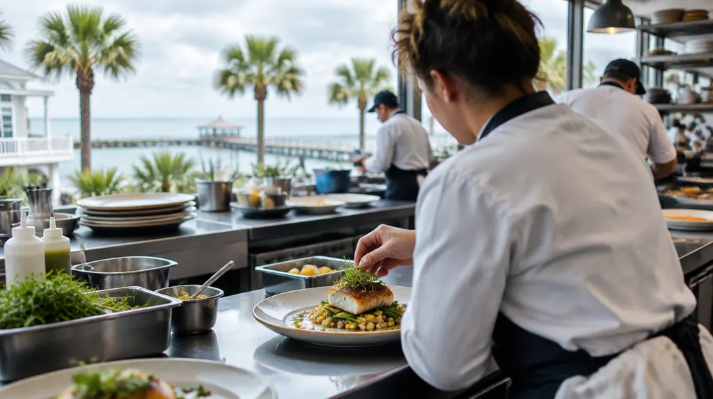 A chef plating a dish in a busy kitchen in Carolina Forest, SC
