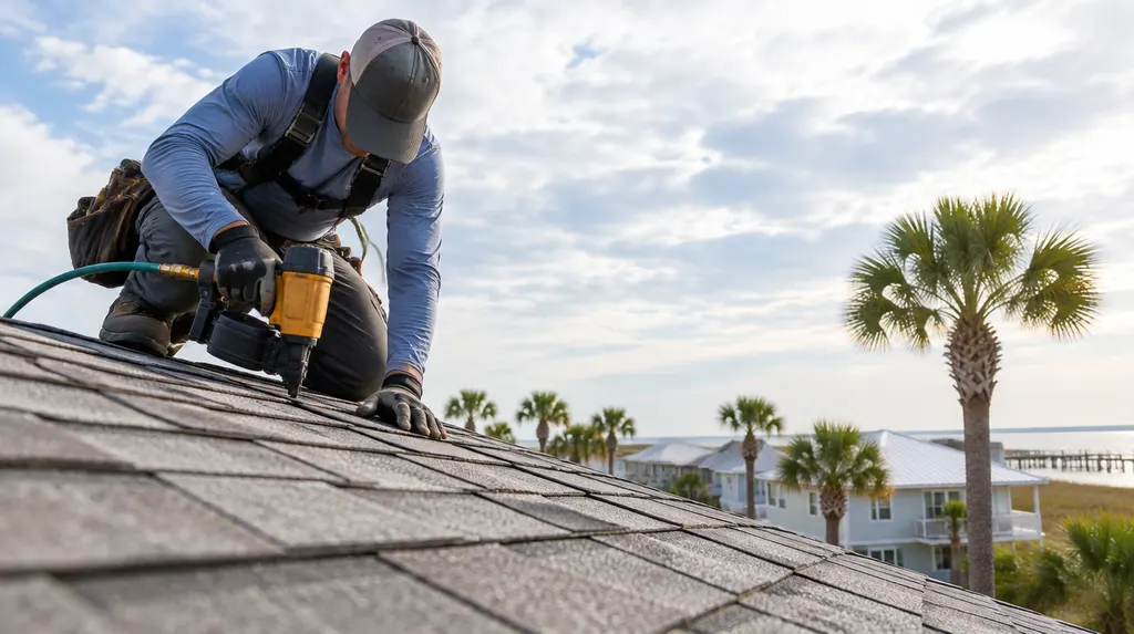 A roofer nailing architectural shingles on a sunny roof in Carolina Forest, SC