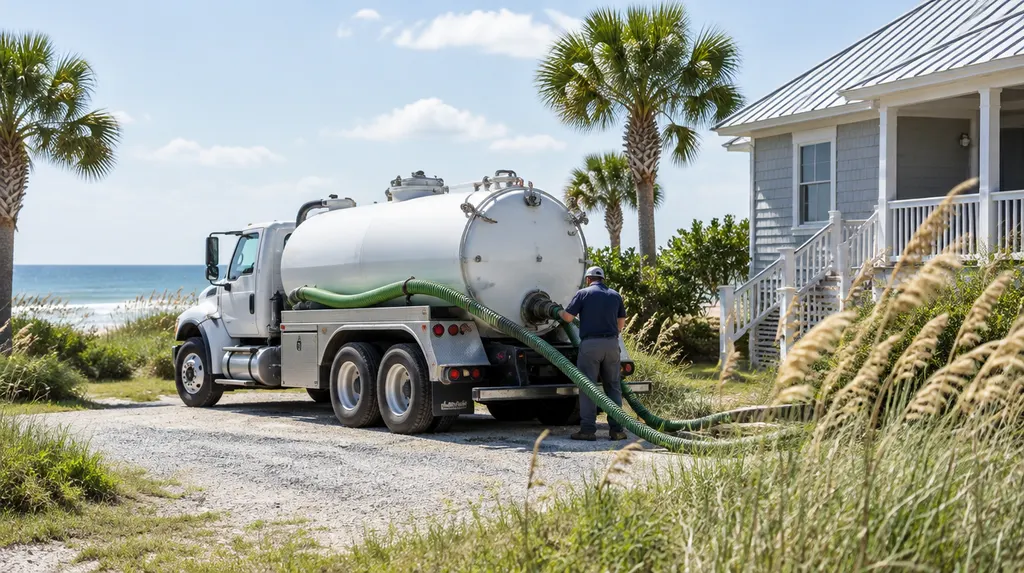 A septic pump truck parked beside a rural house in Carolina Forest, SC