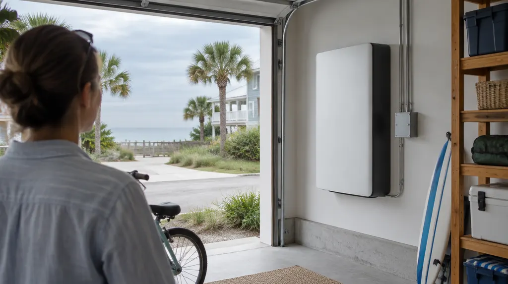 A home battery unit installed in a garage in Carolina Forest, SC
