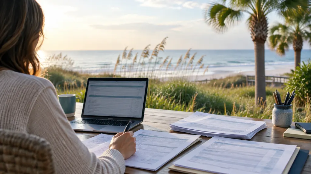A tax office desk with forms and a laptop in Carolina Forest, SC