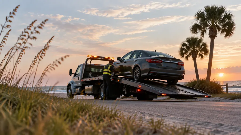 A flatbed tow truck loading a car at dusk in Carolina Forest, SC
