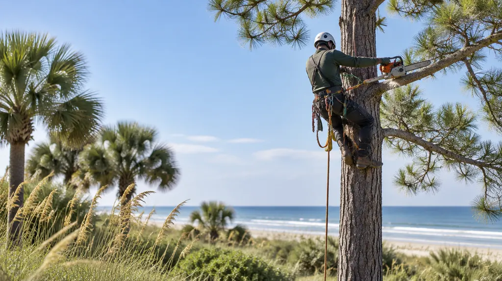 An arborist in a harness trimming a tall pine in Carolina Forest, SC
