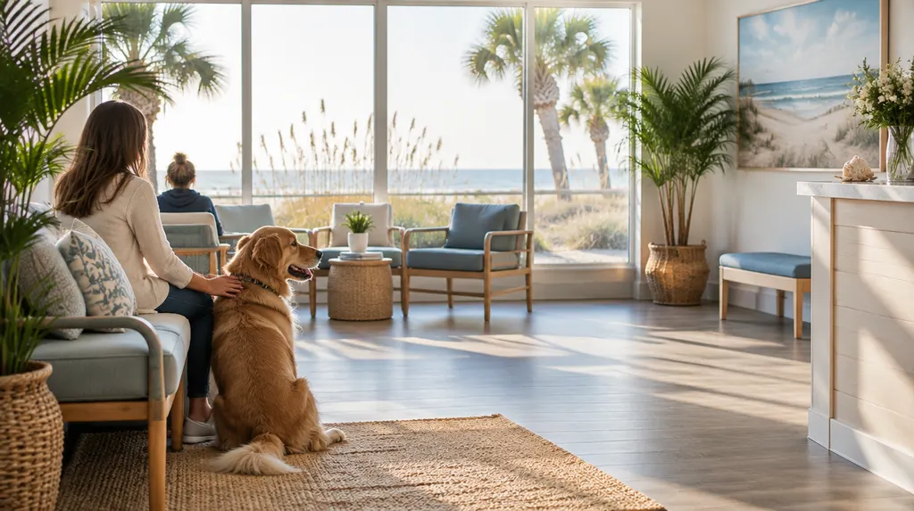 A friendly vet clinic waiting area with a dog in Carolina Forest, SC