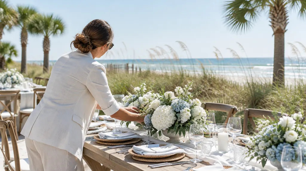 A wedding planner arranging a reception table in Carolina Forest, SC