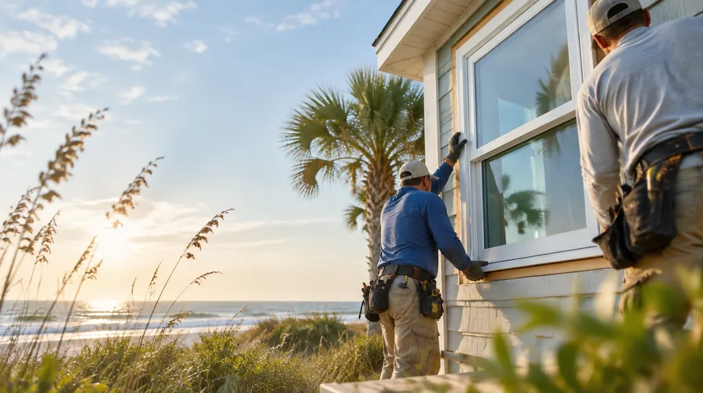 Installers fitting a new double-hung window in Carolina Forest, SC