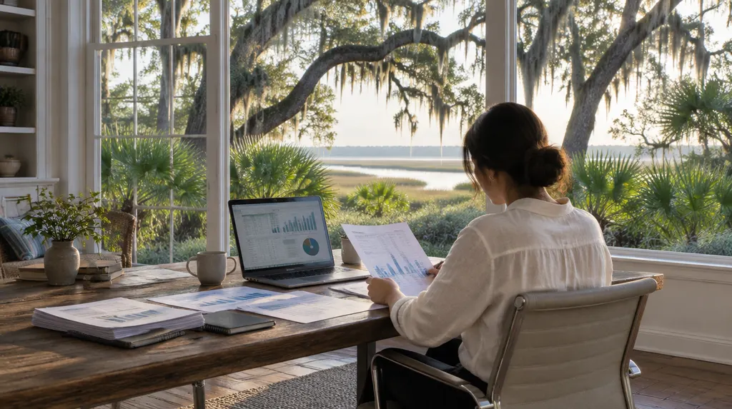 An accountant reviewing financial reports at a desk in Charleston, SC