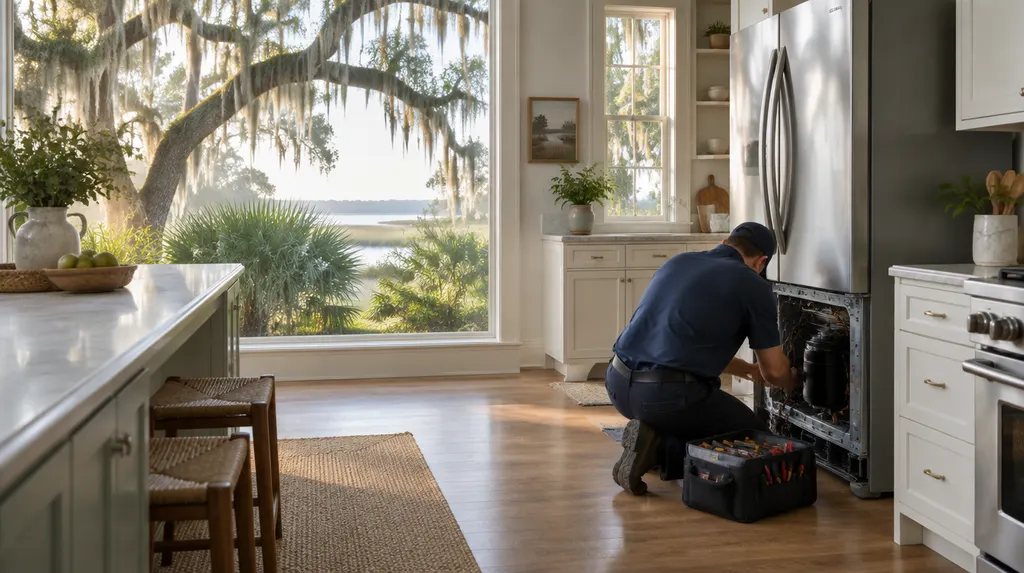 A technician repairing a refrigerator in a kitchen in Charleston, SC