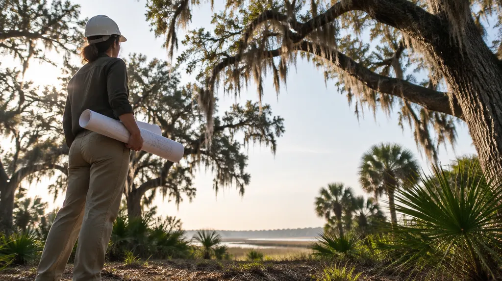 An architect on site with plans and a hard hat in Charleston, SC