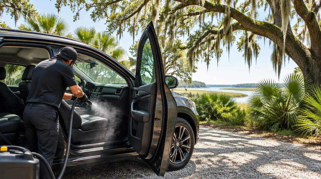 A detailer cleaning a car interior with a steam tool in Charleston, SC