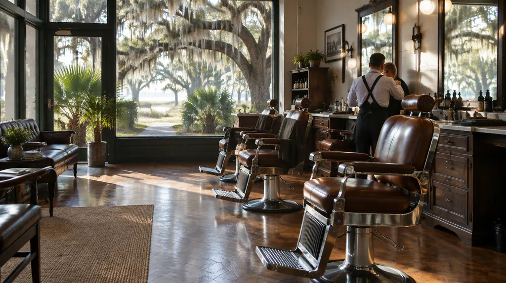 A classic barbershop with leather chairs in Charleston, SC