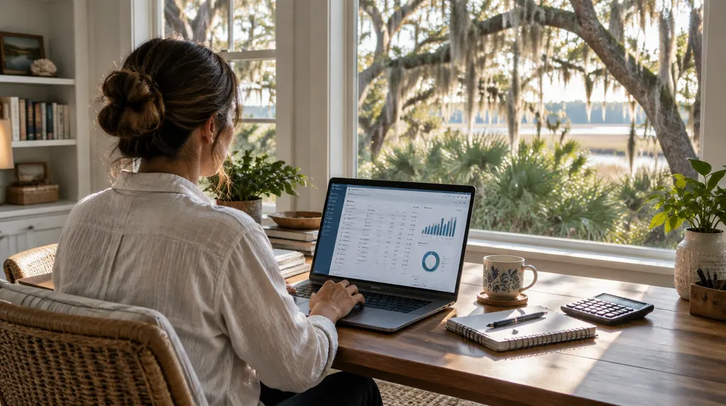 A bookkeeper working on financial software in a home office in Charleston, SC