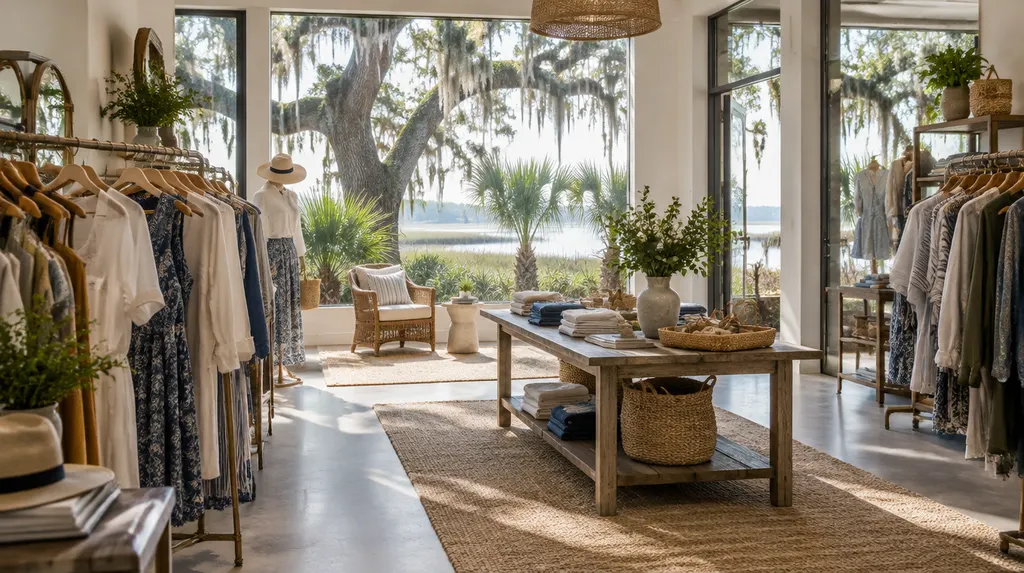 A stylish boutique interior with clothing racks in Charleston, SC