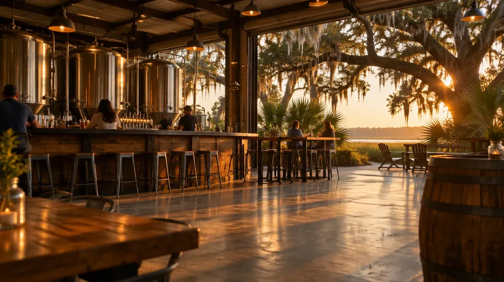 A craft brewery taproom with tanks and a bar in Charleston, SC
