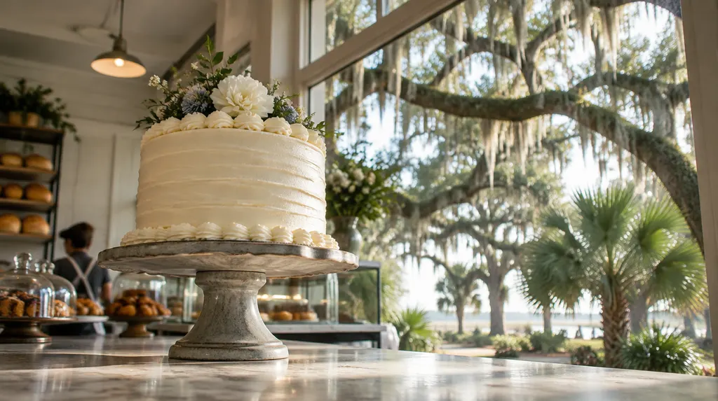 A decorated celebration cake in a bakery in Charleston, SC