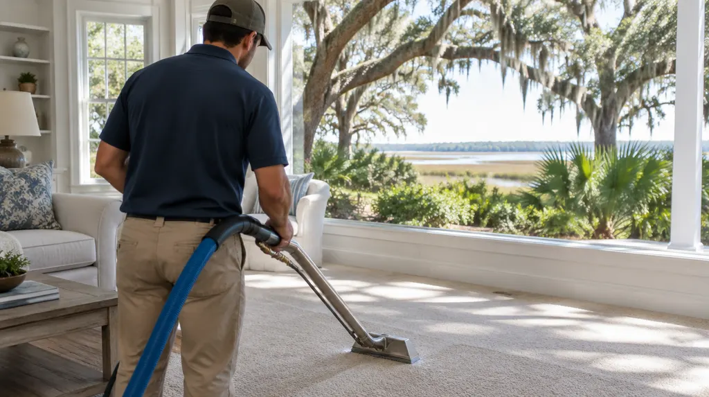 A technician cleaning a carpet with a wand in Charleston, SC