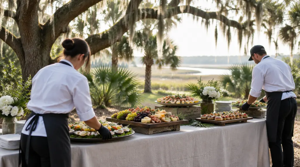 Caterers arranging platters on a table in Charleston, SC
