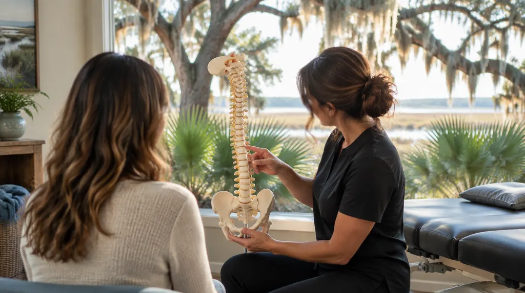 A chiropractor discussing a spine model in Charleston, SC