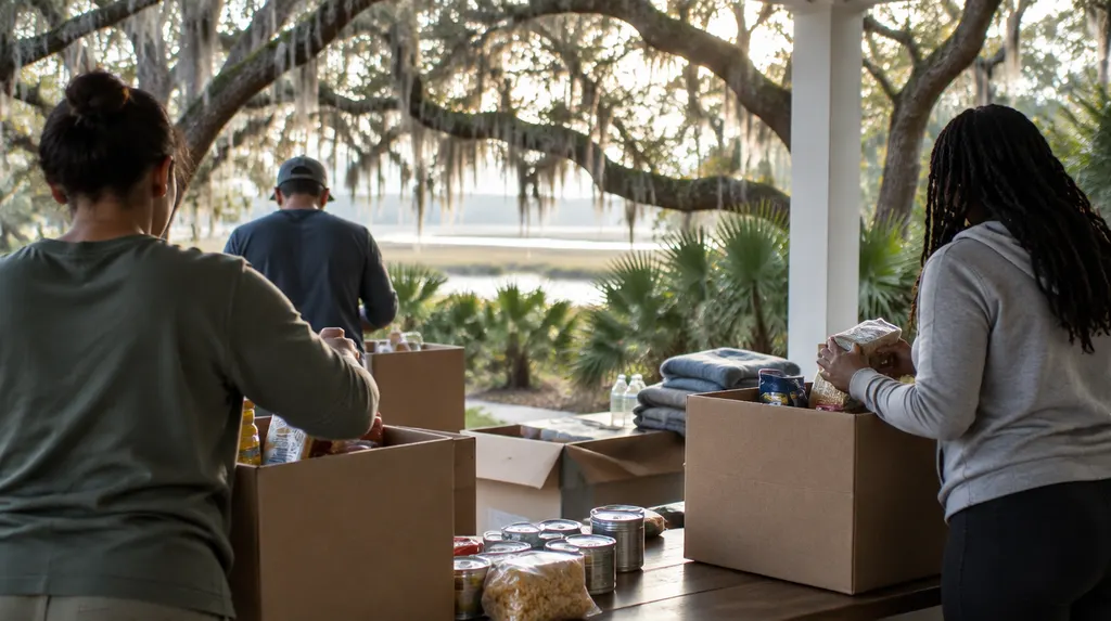 Volunteers packing donation boxes in Charleston, SC