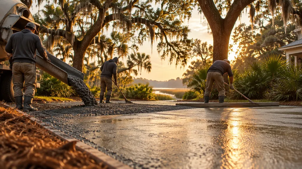 A crew pouring and screeding a new concrete driveway in Charleston, SC