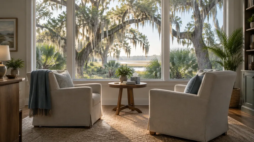 A calm, softly lit counseling room with two armchairs in Charleston, SC