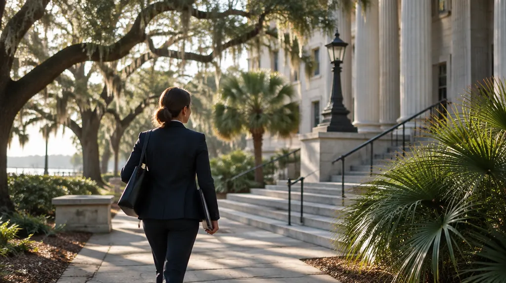 An attorney walking outside a courthouse-style building in Charleston, SC