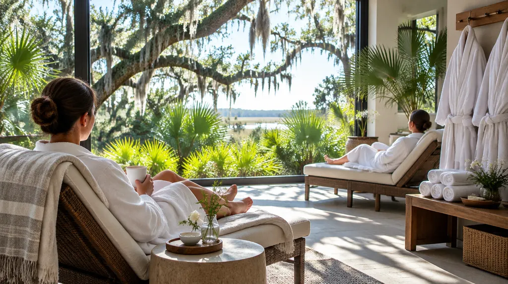 A spa relaxation lounge with robes in Charleston, SC