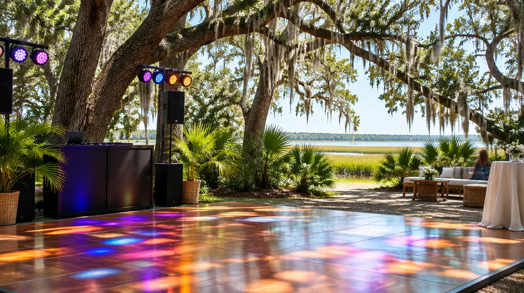 A dance floor with colorful lights in Charleston, SC