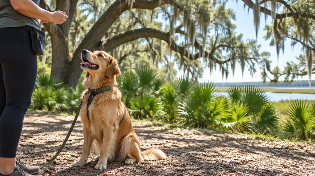 A happy dog sitting during a training session in Charleston, SC