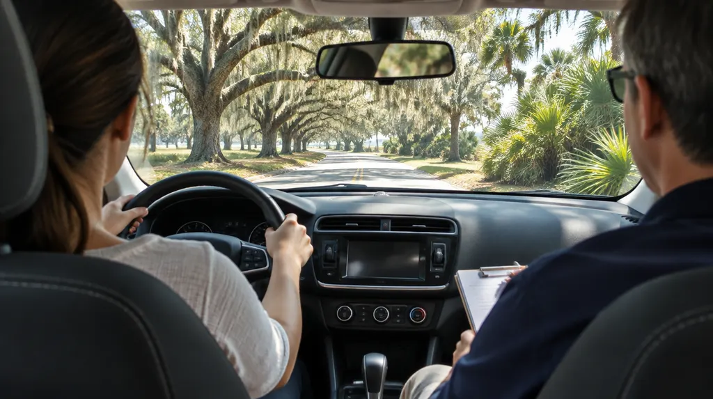 A driving instructor in the passenger seat of a training car in Charleston, SC