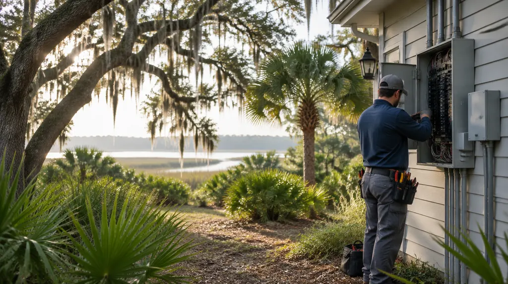 An electrician working on an open breaker panel in Charleston, SC