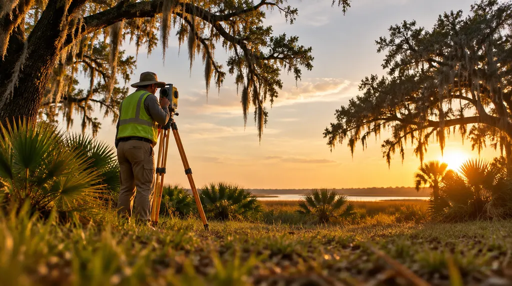 A surveyor with a tripod instrument in a field in Charleston, SC