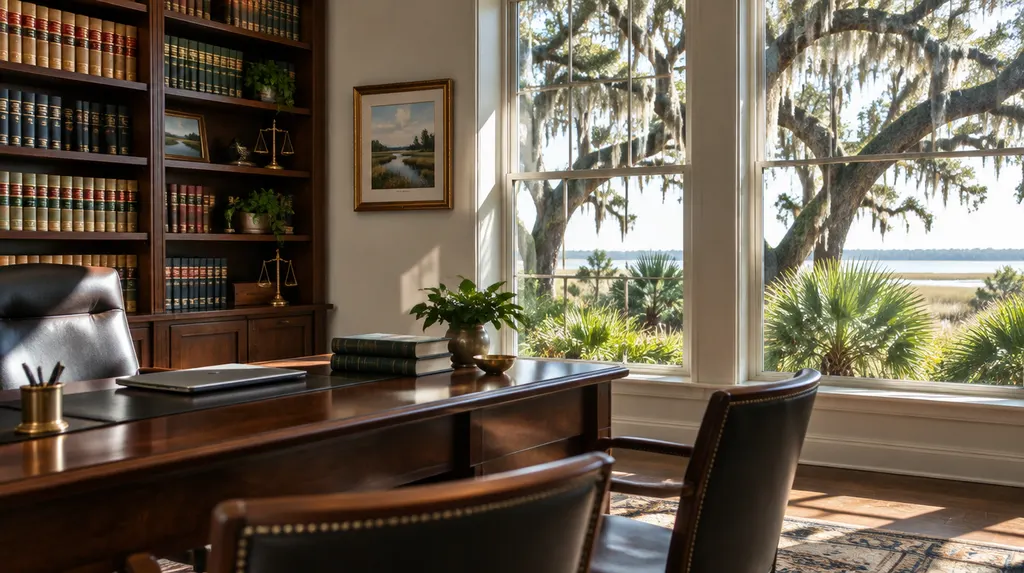 A quiet law office with bookshelves in Charleston, SC