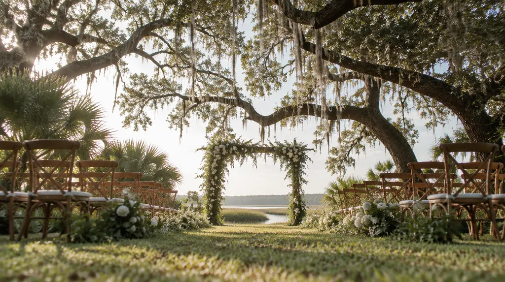An outdoor ceremony setup under oak trees in Charleston, SC