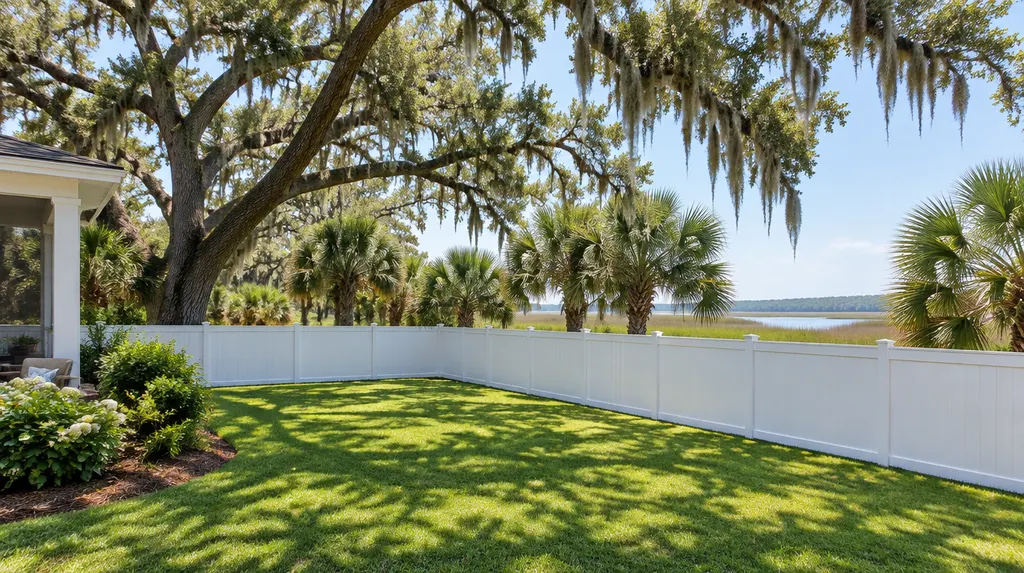 A white vinyl fence around a green backyard in Charleston, SC
